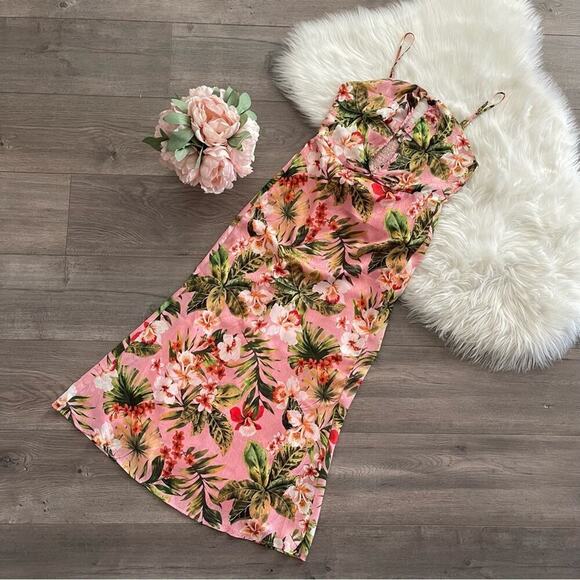 NSR Tropical Cut Out Print Pink Silky Lace Up Maxi Dress M - Picture 3 of 9